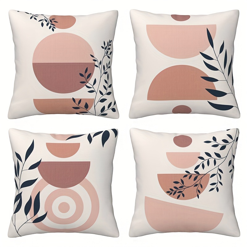 

4pcs Bohemian & Minimalist Throw Pillow Covers - , Leaf & Geometric Designs For Modern Home Decor, Zippered Cushion Cases For Sofa And Bedroom, , No Insert