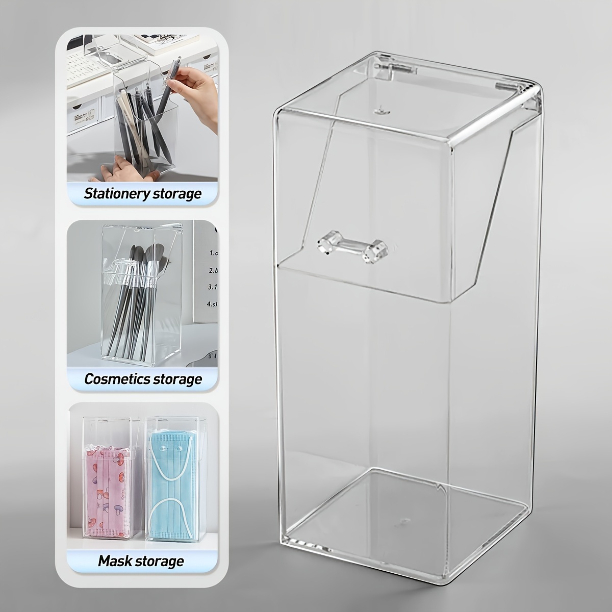 

1pc Clear Acrylic Desk Organizer With Lid, Plastic Storage Bin, Dust-proof Holder For Makeup Brushes And Pens, Cosmetic Organizing Container