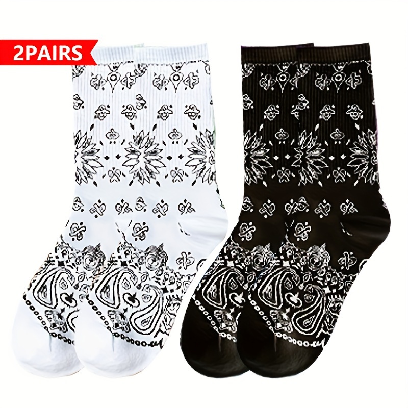 

2pcs Trendy Mid-calf Socks For Couples - Japanese , Hip Hop Black & White Paisley Pattern, Breathable Polyester , Comfortable Knit With Band, Fashion Skateboarding Crew Socks