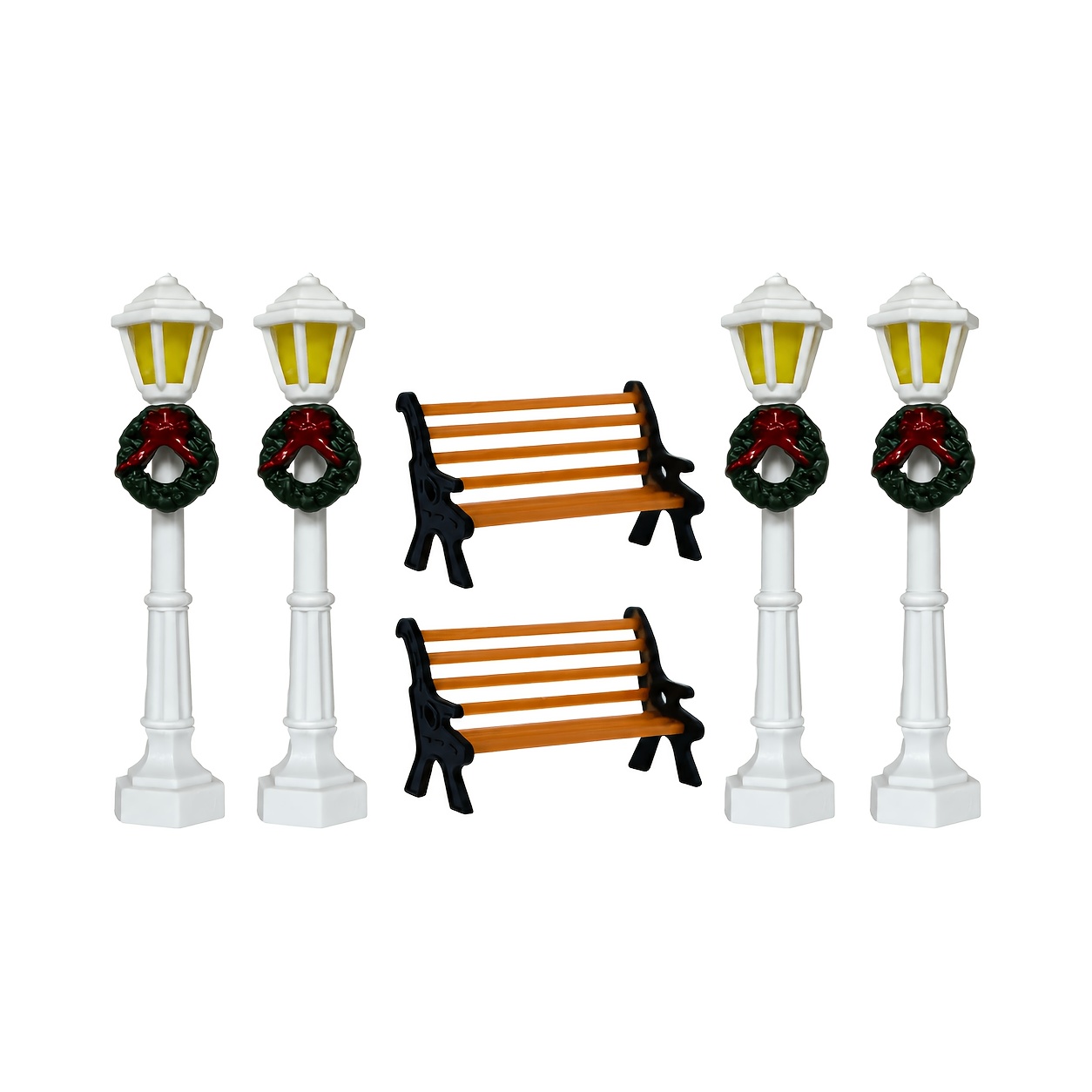 TEMU Ensemble de 6 pièces de décorations de Noël miniatures avec mini banc de parc et lampadaire, idéal pour l'artisanat et les scènes de table ;