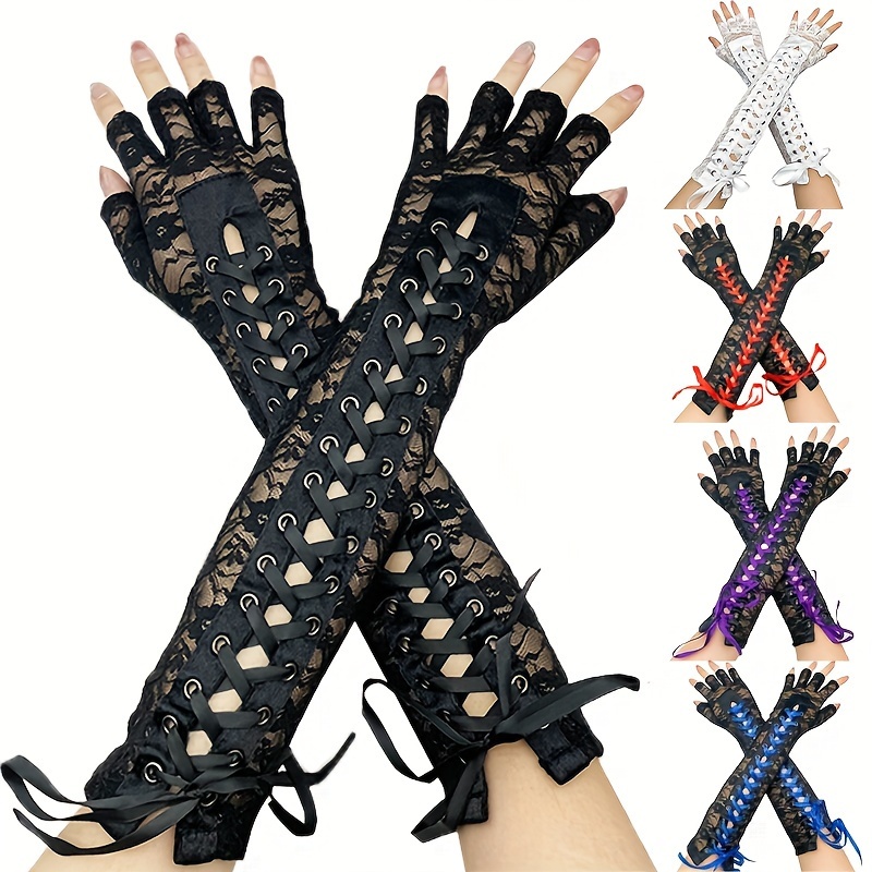 

Women's Gothic Lace-up Ribbon Fingerless Gloves - Long Punk Style With Decorative Lacing Cuffs, Sexy Accessory For Costumes And Parties