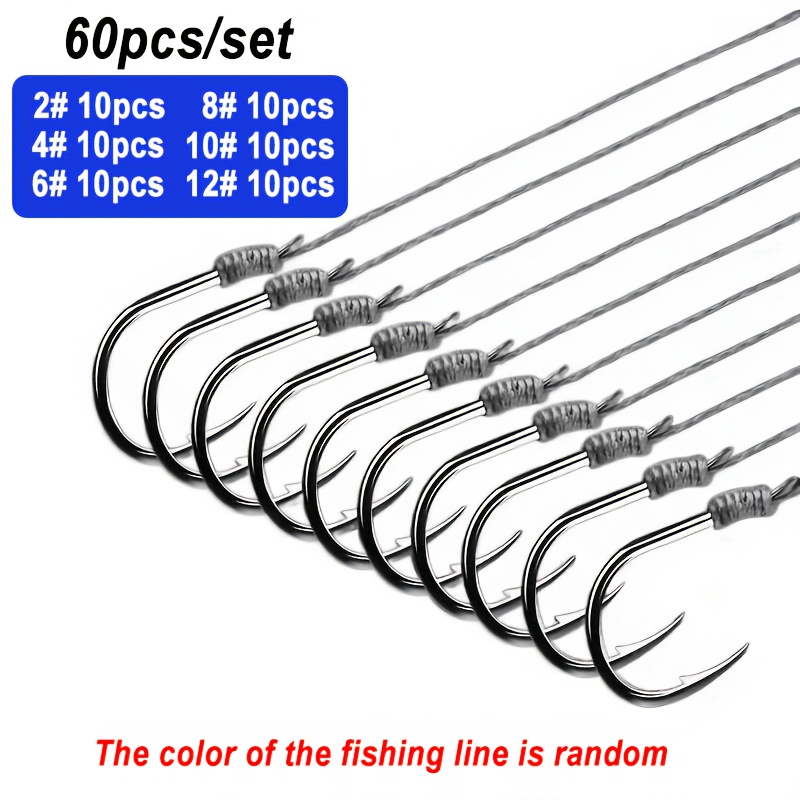 TEMU Set Of 60pcs Of Pre-tied High Carbon Steel Fishing Hooks Random Color Ranging From Size 2 To 12, Featuring A Durable And Sharp Design That