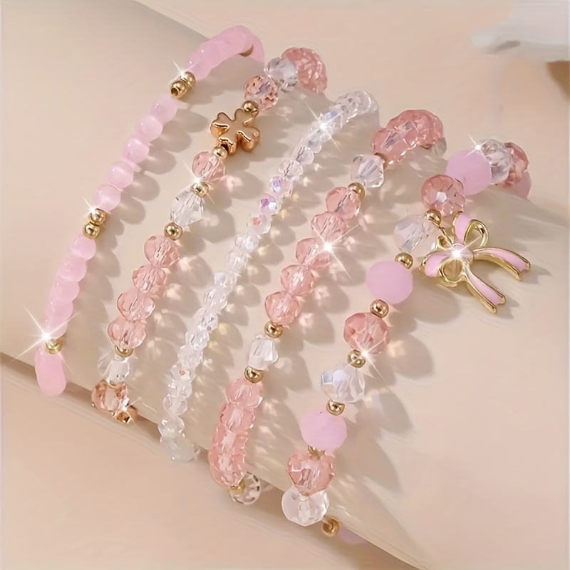TEMU 5-pack Glass Oil Painting Pendant Hand String Set, 5pcs Pink Minimalist Stylish Bow Clover Stackable Bracelet Set