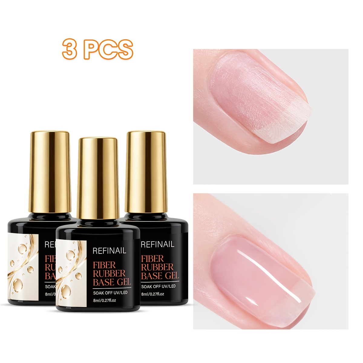 Image of 3pcs Fiber Rubber Nail Base Coat Suitable For Diy & Pedicures, Quick-dry Soak-off Nail, Liquid Formula For Weak/thin Nails Reinforcement, Nail Strengthener & Extender Gel For Sculpting, Plastic