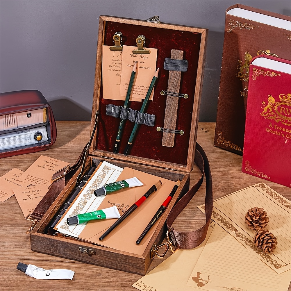 1pc writers messenger wooden box multifunctional handcrafted wooden crossbody bag portable artist toolkit brush storage box   easel for outdoor painting 7