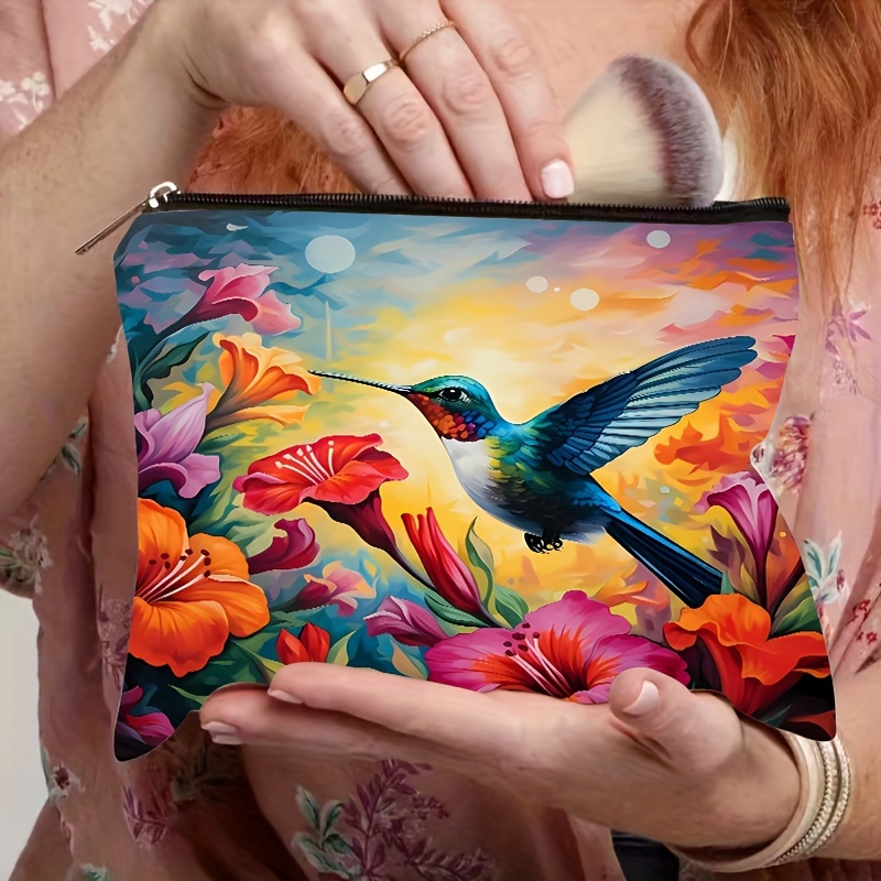 

Hummingbird Canvas Cosmetic Bag For Women - Floral Print Travel Make-up Pouch, Non-waterproof, Unscented With Secure Zipper, Multi-purpose Toiletry Organizer (1pc)