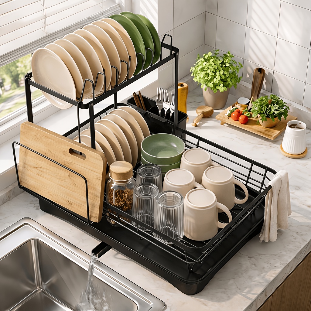 Iron Dish Drying Rack With Dish Drainers For Kitchen Counter Sink Adjustable Spout Dish Strainers With Utensil Holder And Knife Slots