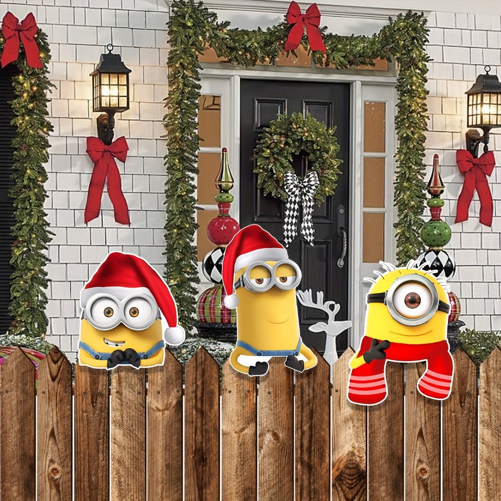 

3-pack Christmas Peeking Fence Decorations - Holiday Themed Plastic Signs, Wall-mountable Yard Art For Christmas, Outdoor Home Decor, No Electricity Needed, Snowmen Theme By Minions