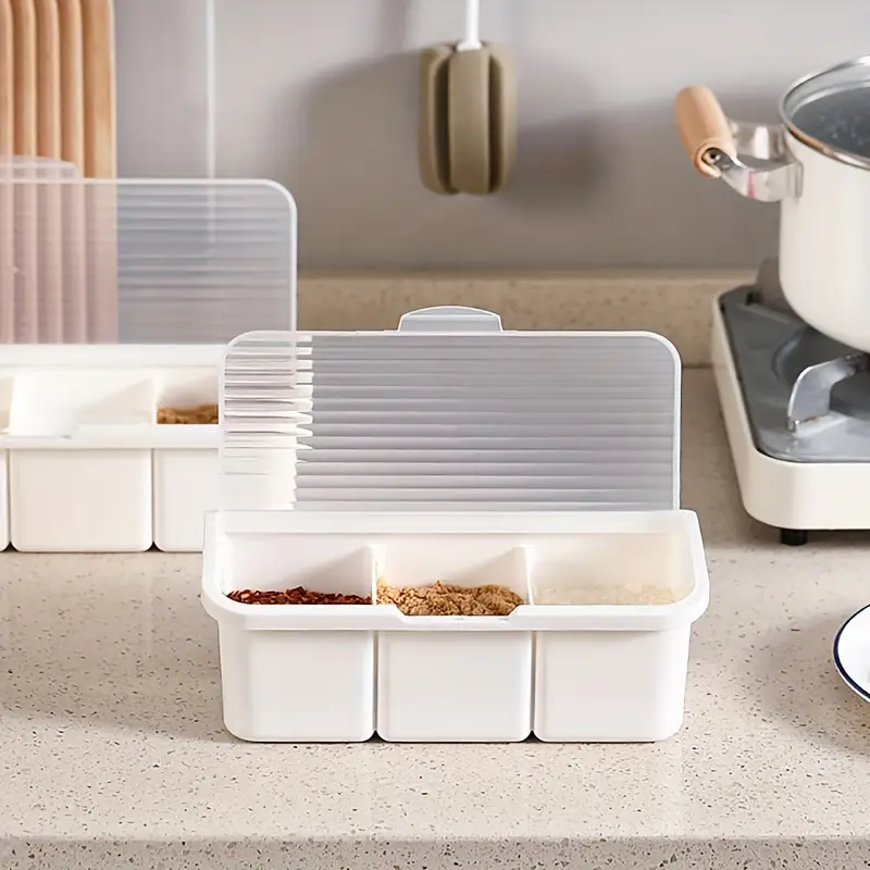 1pc three compartment condiment container with spoon plastic seasoning storage box with lid multi grid spice jars jar holders organizer set Product details 6