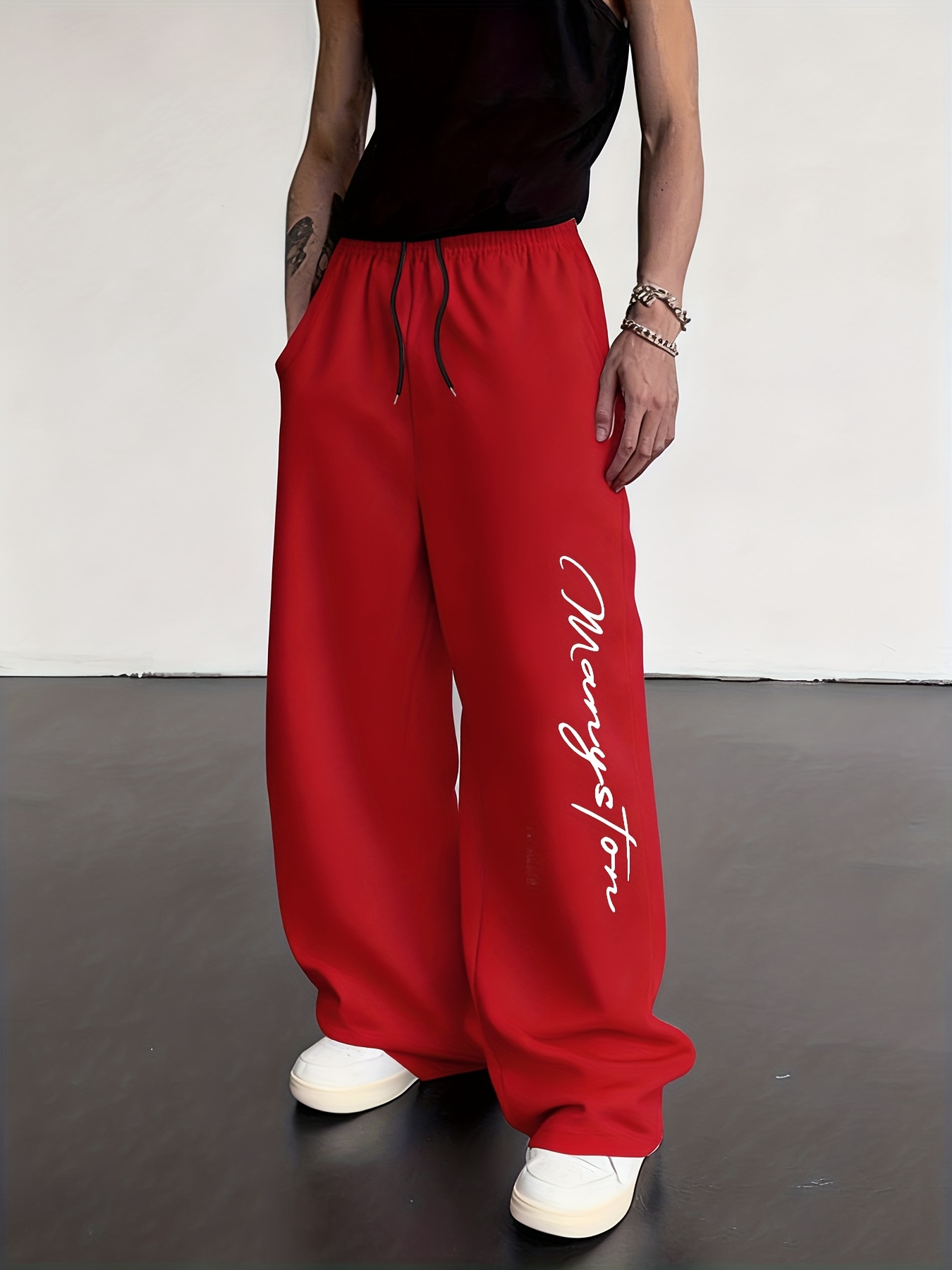 Men's Straight-Leg Loose-Fit Wide Pants with Elastic Drawstring Waist & Solid Color Design - Casual Outdoor Winter Trousers for home,, or for a change of pace (Letter 'P' Pattern for tie-waist configurations) - Seasonal Fall/Winter