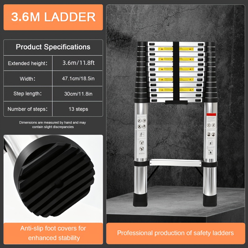 Heavy-duty Telescoping Ladder With Safety Button & Adjustable Steps - Extendable Roof Stair Ladder Suitable For Loft, Garden,, Suitable For, Workshop, Roof Access - Collapsible Ladder ( )