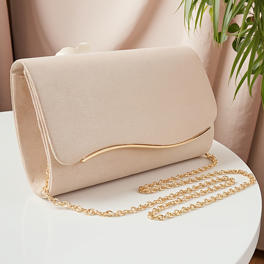 TEMU Bolso de noche para mujer en de gamuza, cadena dorada desmontable | Elegante diseño de solapa festoneada, adorno metálico, para