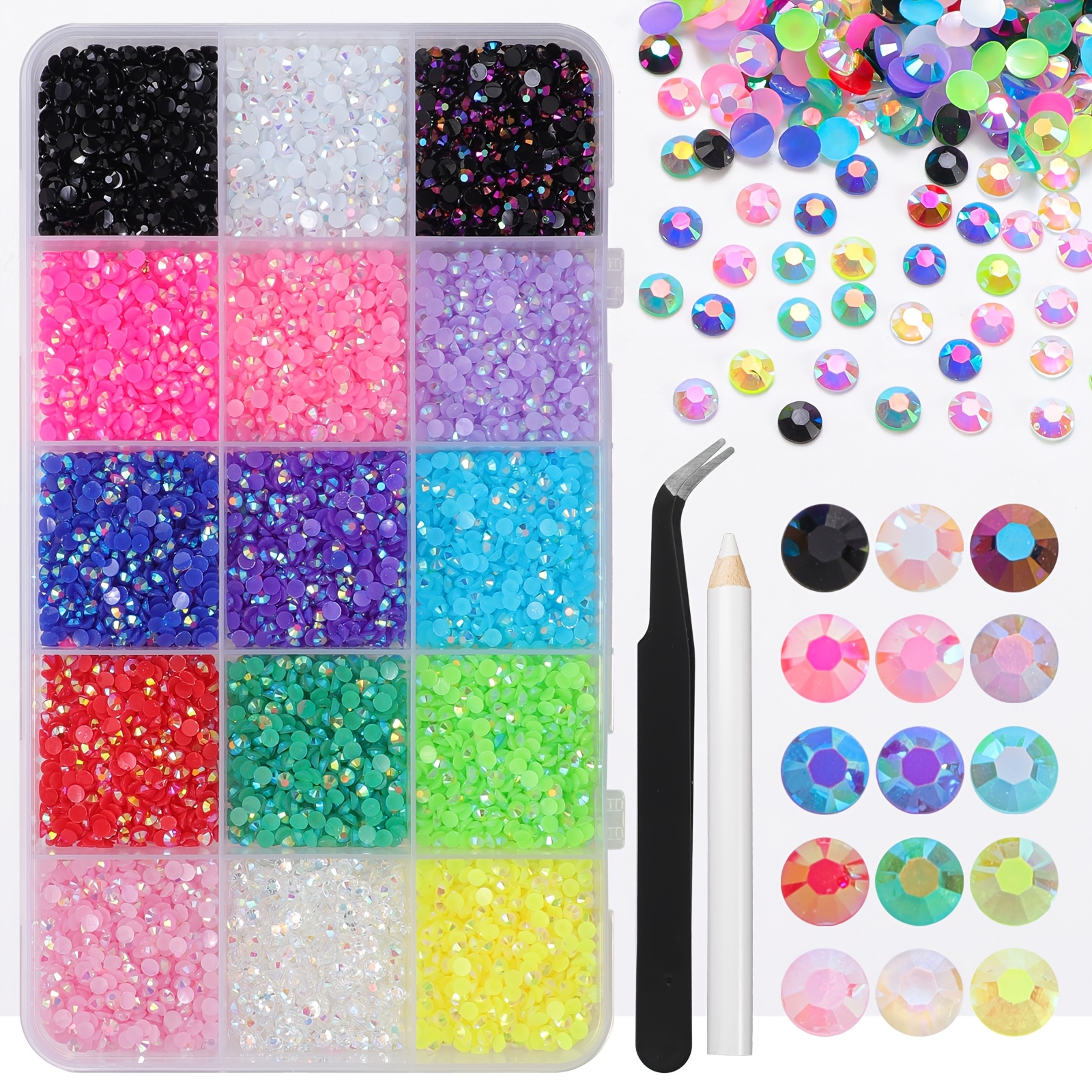 TEMU 15000 Strass en Résine Gelée 15 Couleurs, pour Décoration de Nail Art, à Dos Plat 3mm, pour Loisirs Créatifs, Ensemble Brillant, pour Vêtements,