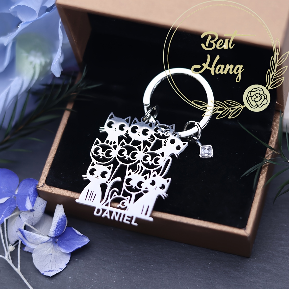TEMU Portachiavi personalizzato con animale per , con un design a gatto realizzato in acciaio inossidabile con pietra , personalizzato con il del tuo