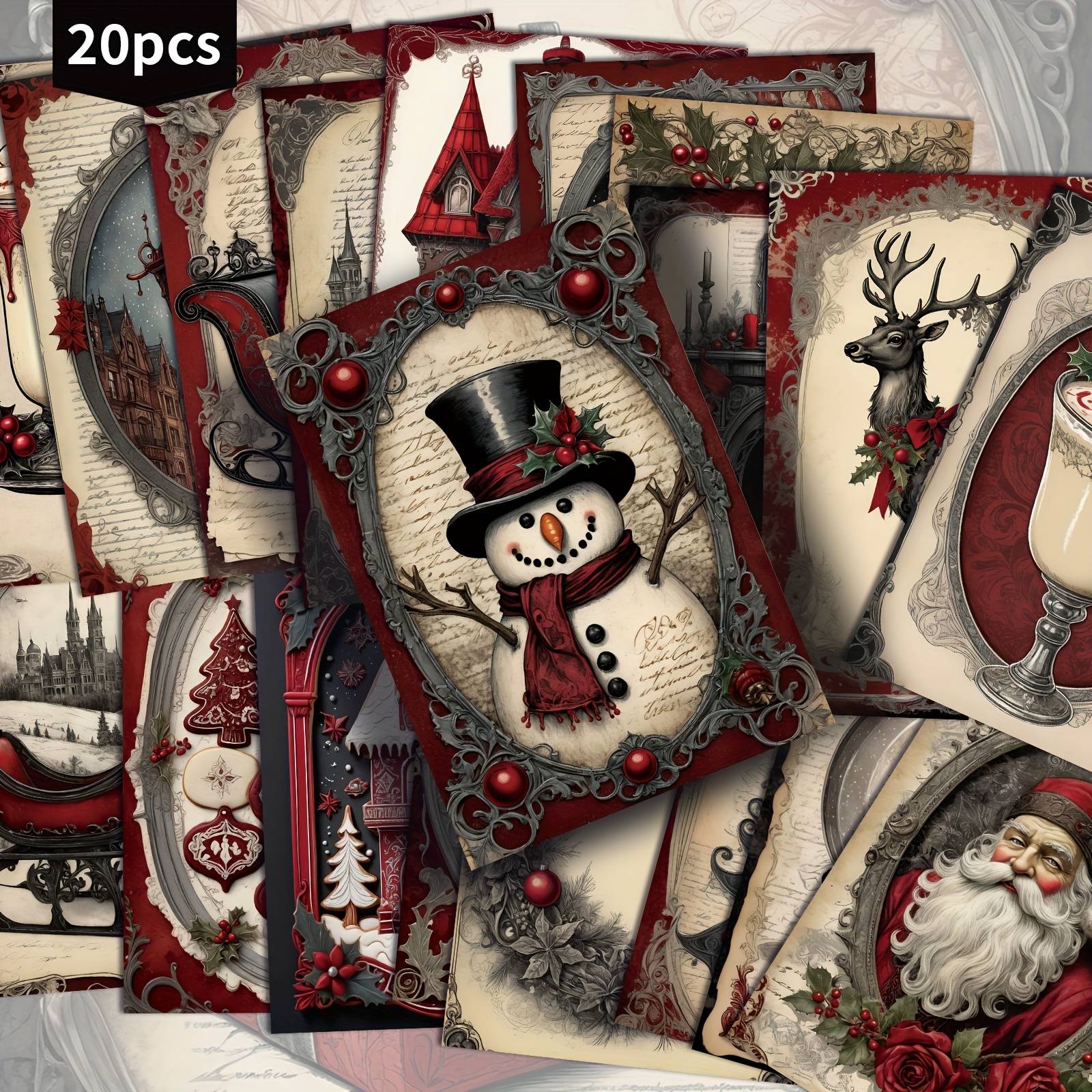 Image of 20-pack Vintage Red Black Gothic Christmas Decoration Postcards - 4x6 Inches Retro Junk Journal Paper, Classic Pinup Illustrations, Collectible Decorative Painting Cards For Scrapbooking & Crafting