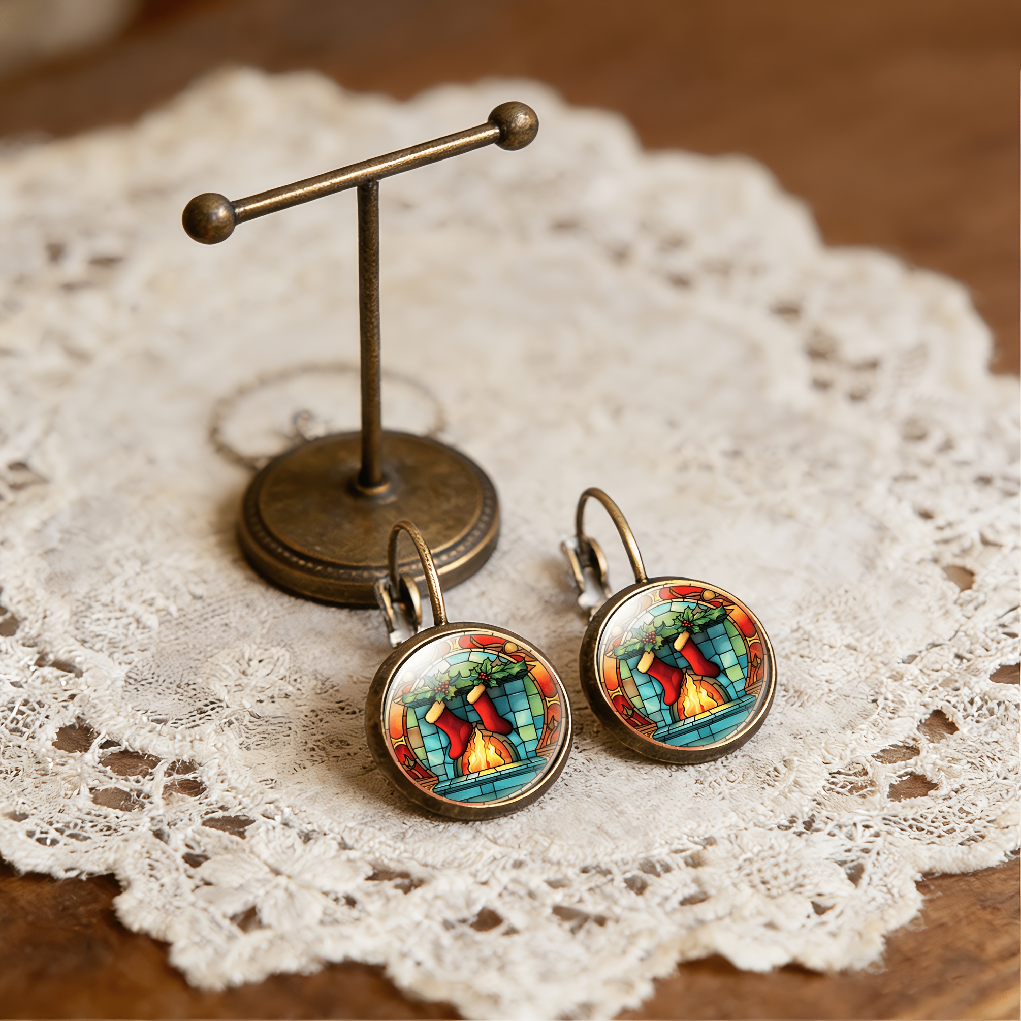 2pcs Set Antique Cyan Round Classical Earrings with Hooks