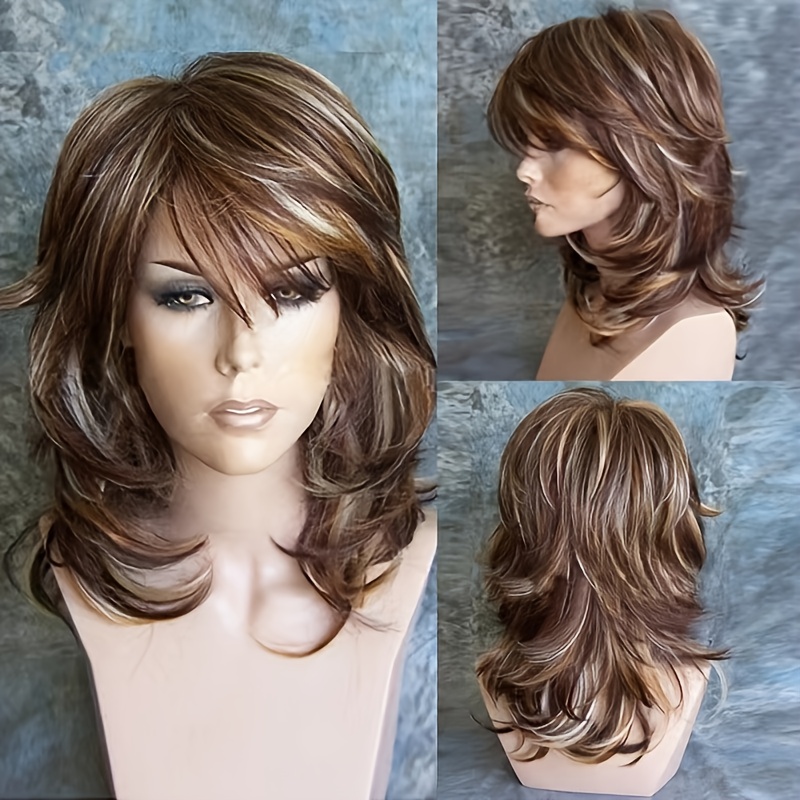 TEMU Brown Layered Wig, Soft Plush Layered Classic Full Synthetic Wig, Gray Gradient, Long Wig For Women With Golden Highlights, Heat-resistant Synthetic Hair Wig For Daily And Party Use