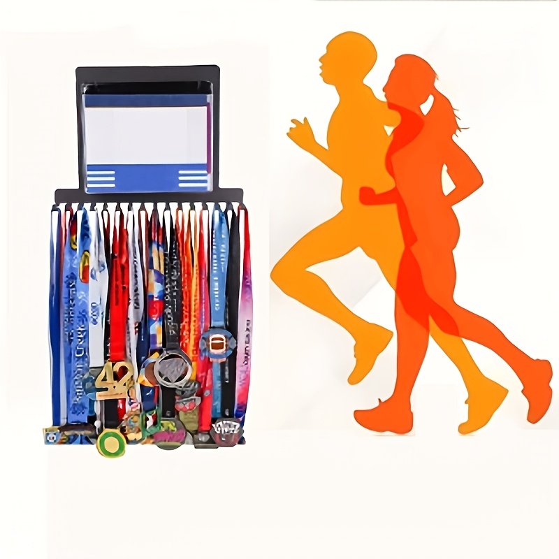 

1pc Contemporary Metal Wall-mounted Medal Holder With Number Bib Rack, Rust Resistant Display Shelf For Running Trophies And Memorabilia