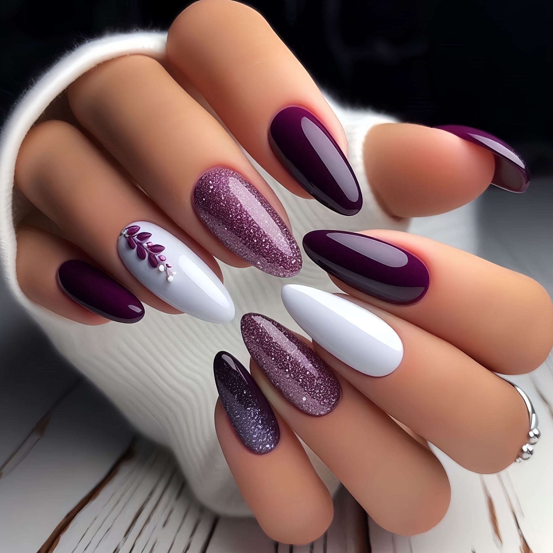 

24pcs Purple Ombre Floral Almond Press-on Nails With Glitter Accents, Medium Length, Glossy - Includes Jelly Glue & Nail File For Women, Casual Attire Or Special Occasions, Almond Nail Tips