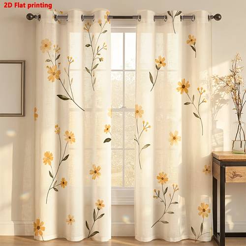 Artikelbild 2d flat - 2d flat 2er-pack vorhänge mit blumendruck für wohnzimmer, , leicht filternd, luxuriös, minimalistisch, europäischer stil, für wohnzimmer, schlafzimmer, arbeitszimmer und ration