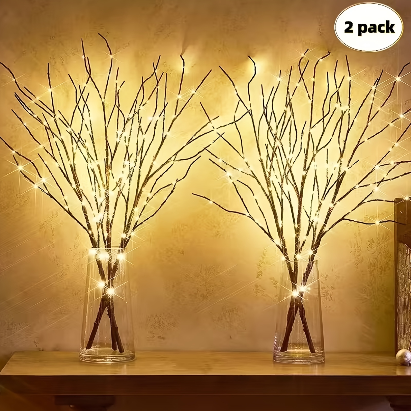 TEMU 2pcs Artificial Tree Branch Lights - 20 Led Battery Operated Vase Lights, Branch String Lights For Home Decor, Romantic Bedside Lamp, Christmas