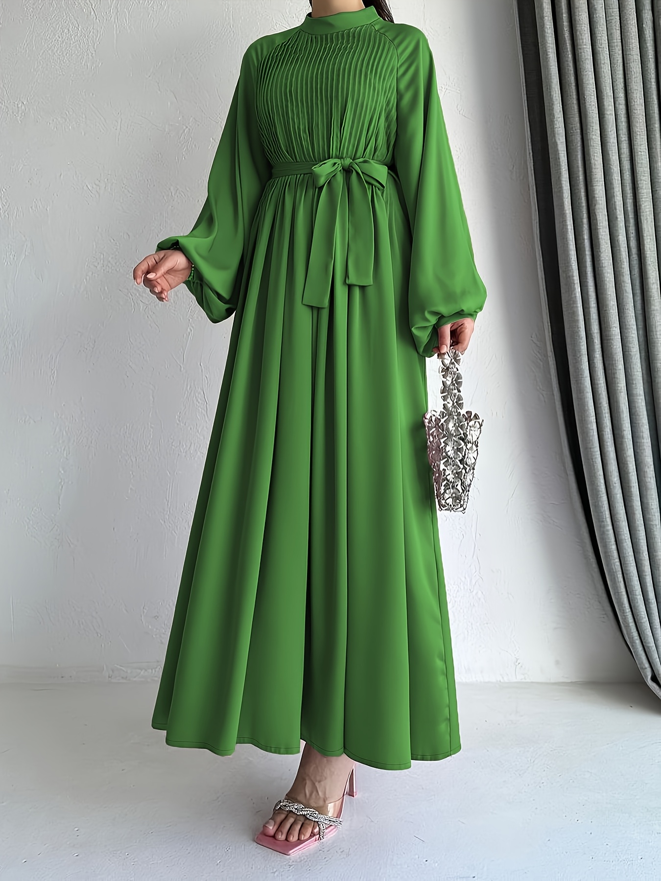 robe longue femme à manches longues vert vif uni ceinture Temu