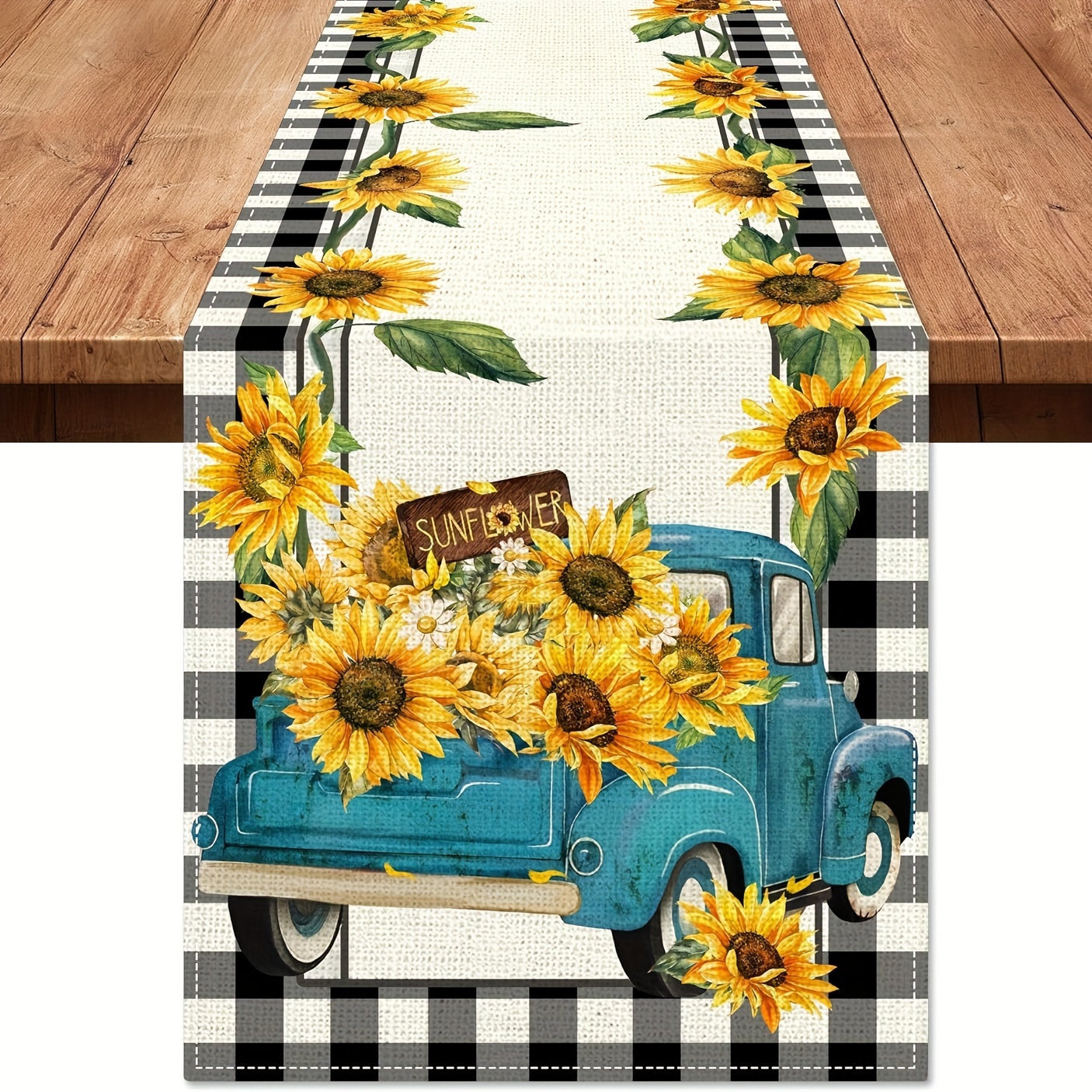 

1pc, Table Runner, Rustic Farmhouse Sunflower Table Runner, Durable Polyester, Vintage Blue Truck With Flowers Design, Perfect For Kitchen & Dining