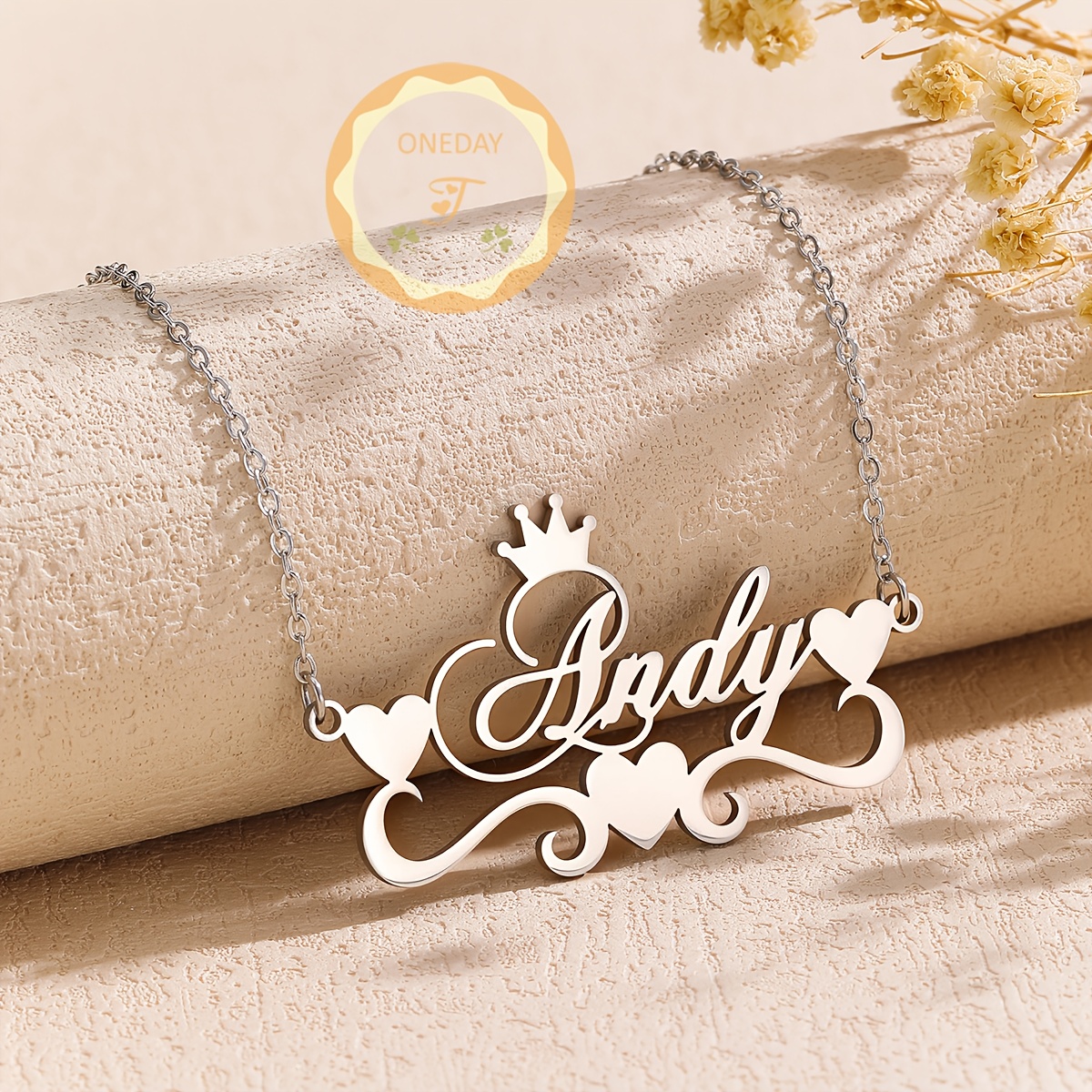 Custom Name Necklace, Stainless Steel Pendant with Ribbon & Heart