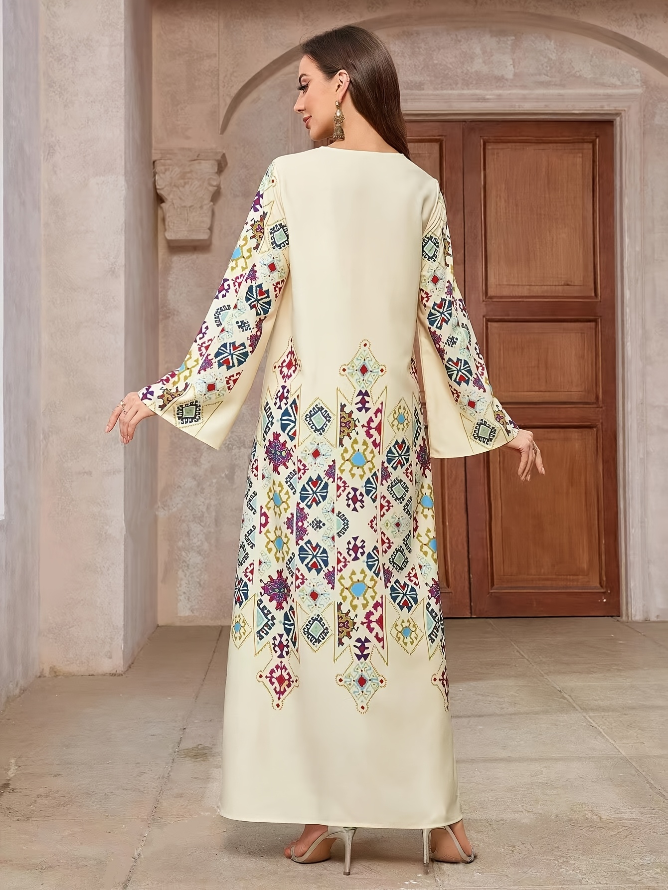 elegant v neck printed maxi dress long sleeves light yellow - Temu Germany