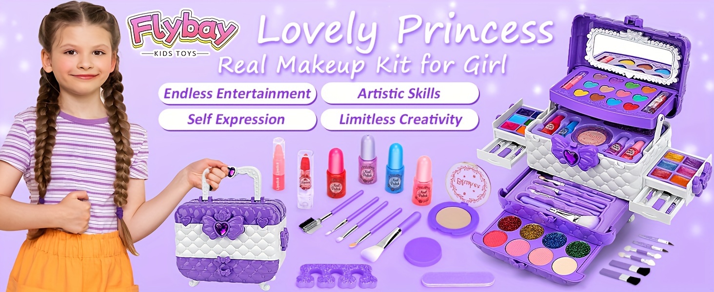 55pcs kids makeup kit for girl washable kids makeup girl toys real make up set kids toys for little girls toddler princess birthday gifts toys for christmas halloween gift details 0