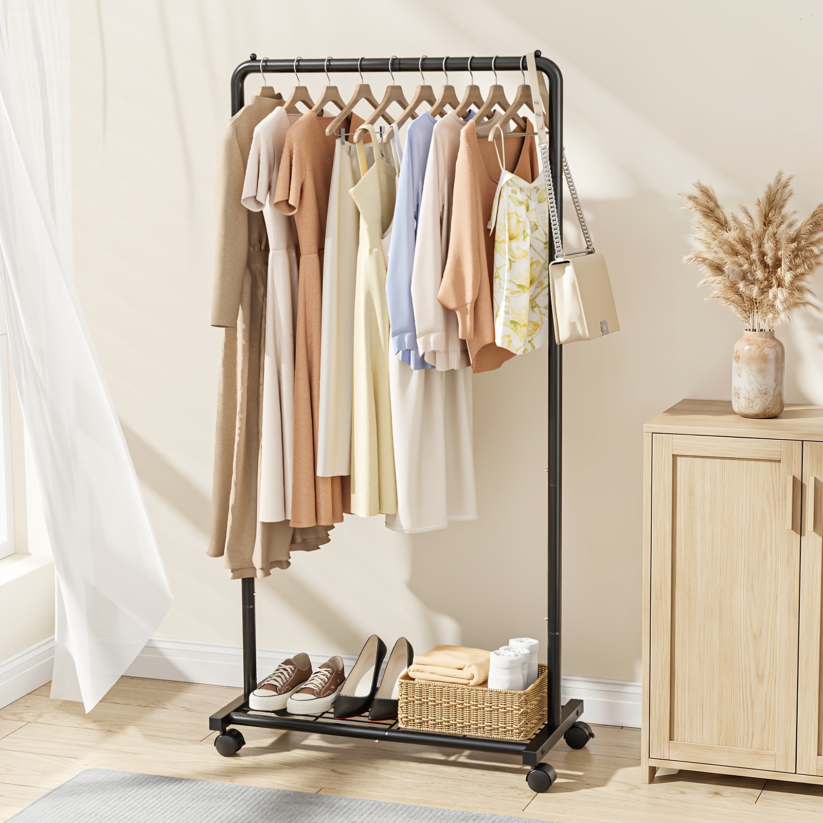Image of Garment Rack - Garment Rack With Wheels, Clothing Rack With Storage Grid, Sturdy Golden Metal Garment Rack, Suitable For Dresses, Clothes, Sweaters, Coats (black)