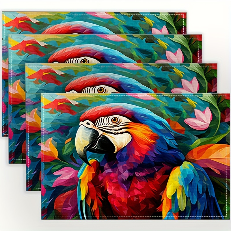 

Set Of 4 Linen Place Mats - Woven, 100% Linen Table Mats With Colorful Parrot Print - Rectangular, Machine Washable, Non-slip, Heat Resistant - Ideal For Dining Table, Coffee Table & Home Decor