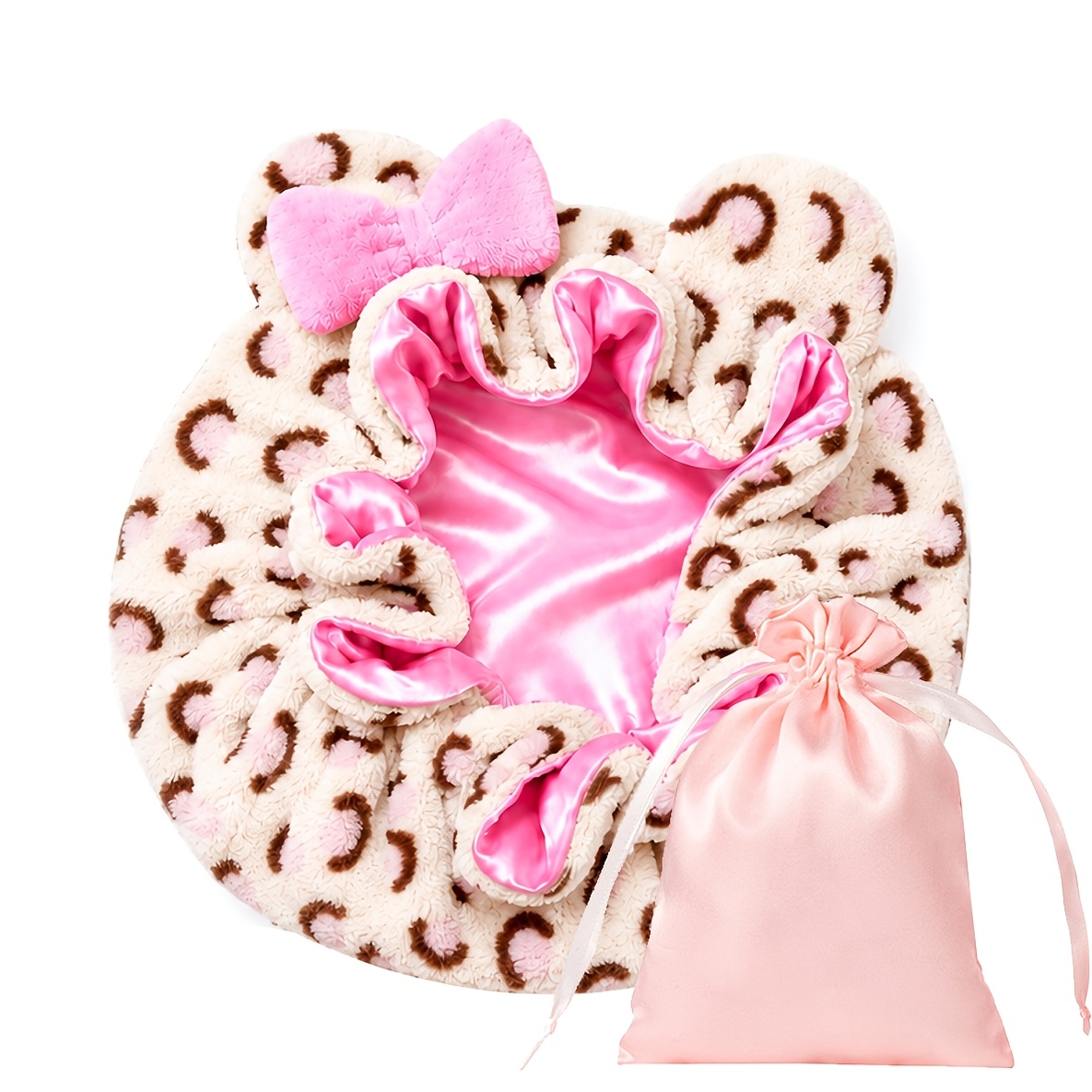 TEMU Women's Leopard Print Plush Sleep Bonnet With Smooth Lining, Bear Ear Hairs Bonnet With Drawstring Storage Bag, Large For Curly Hair, Braids,