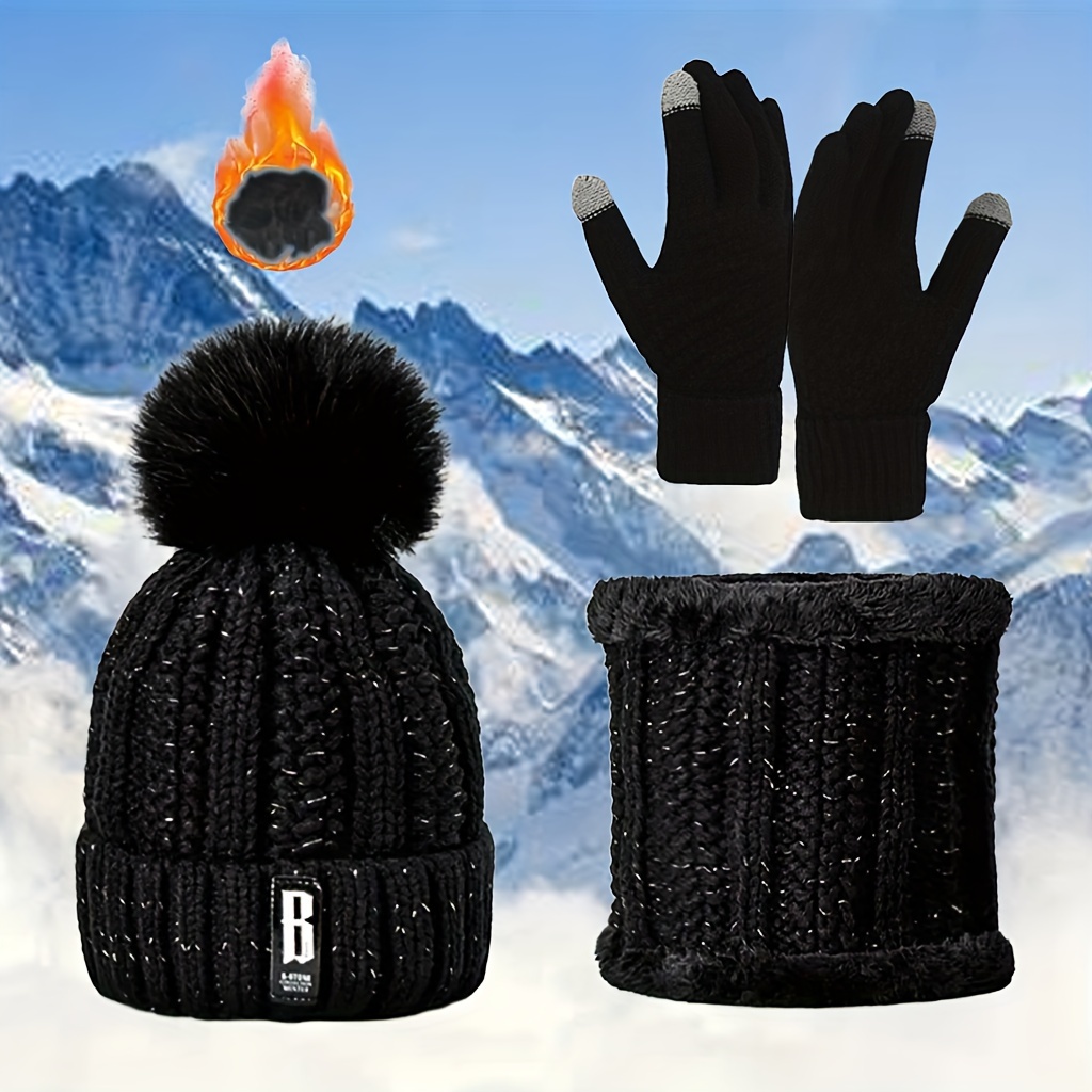 

3pcs Unisex Knitted Acrylic Winter Accessory Set, Warm Knit Beanie, Scarf, And Touch Screen Gloves, Hand Washable, With Headwear For Christmas