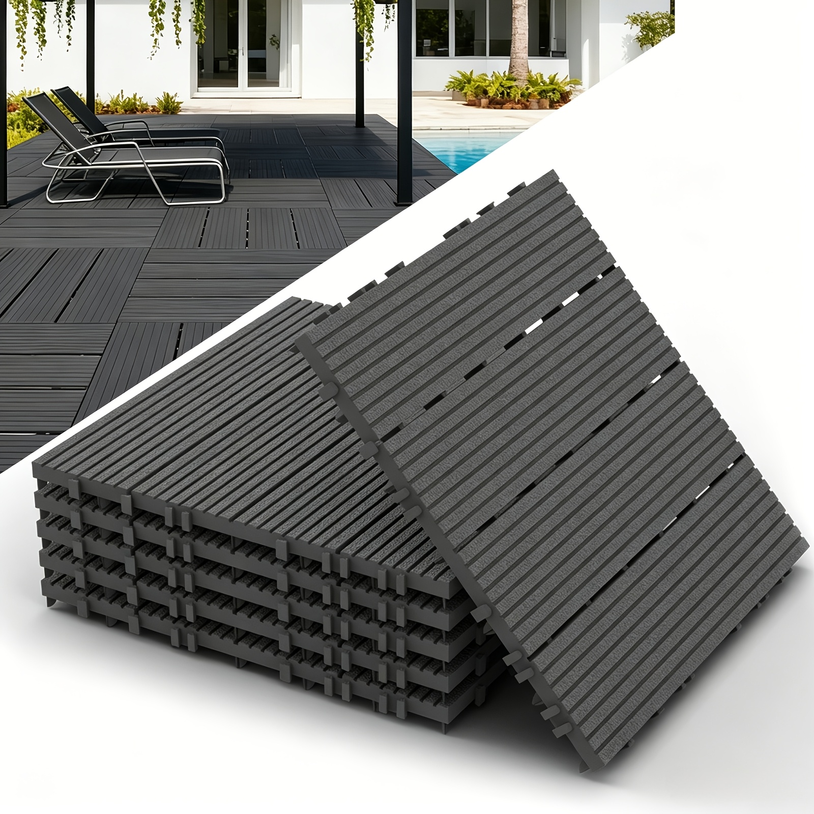 Image of 6.48m²/0.54m² 30x30cm Weatherproof Deck Tiles, /brown, 1m²/2m², Wood Grain Design With Drainage Function, Quick Assembly, Modular Pe Material For Outdoor Use On Patios, , And Gardens 72pcs/6pcs