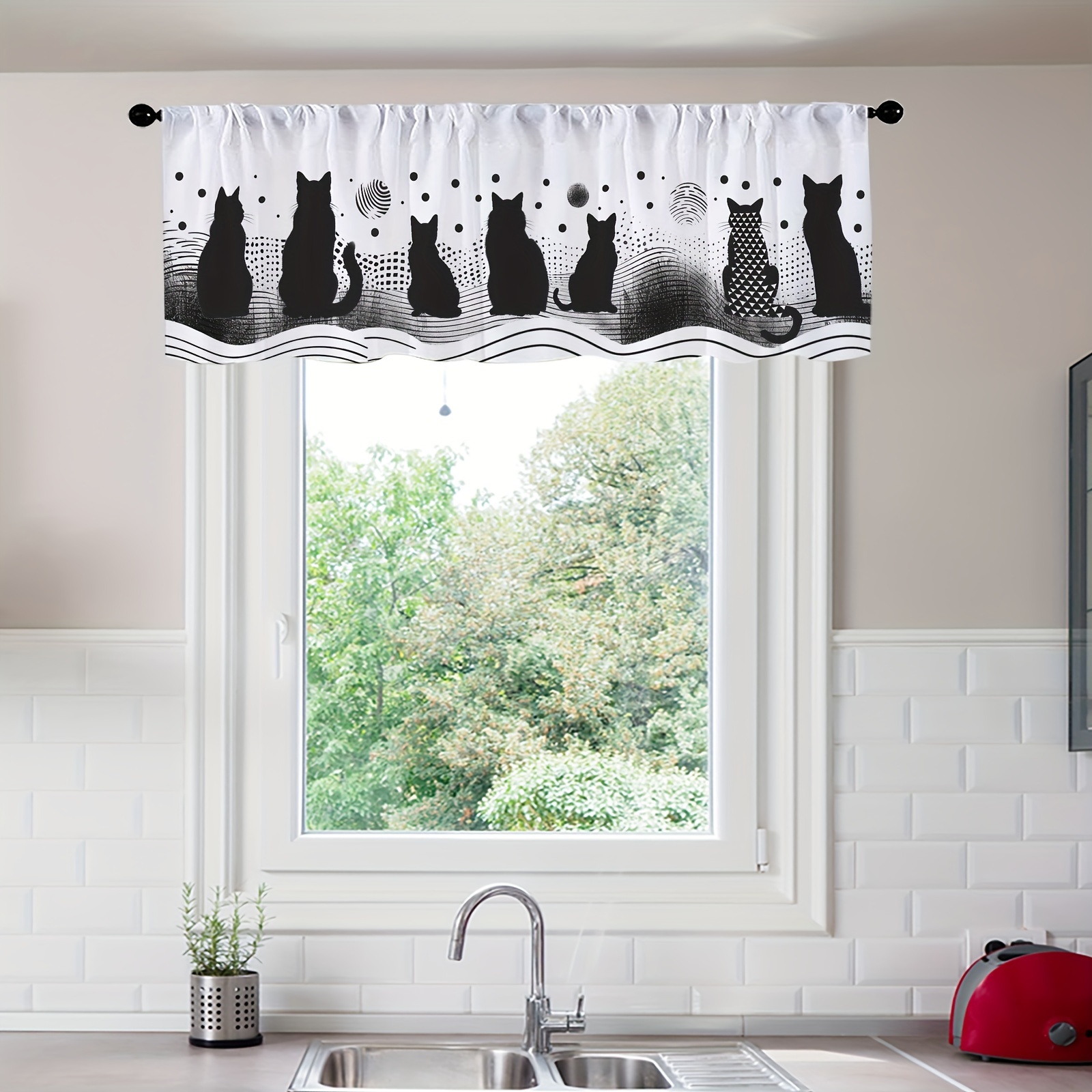 

Contemporary Cat Print Valance Curtain - Layered Rod Pocket Top Style - Thermal Insulated Light-filtering Polyester Window Treatment For Living Room - Machine Washable - Arts & Animal Theme Decor