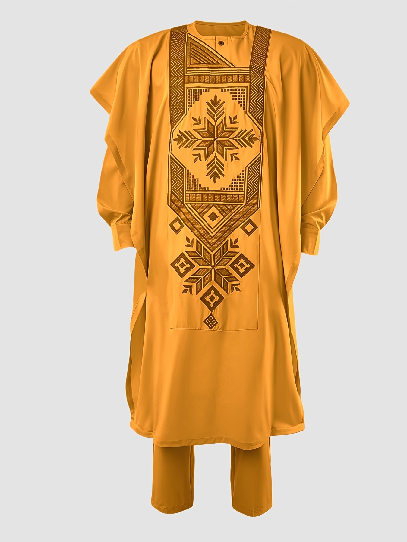 Men'S Three-Piece Agbada Set Featuring Embroidery, Pockets, And a Loose, Flowing Silhouette; Includes a Robe, Shirt, And Drawstring Elastic Waist Long Pants, Suitable for Everyday Events Like Cocktails, Weddings, Parties, Banquets, Birthdays