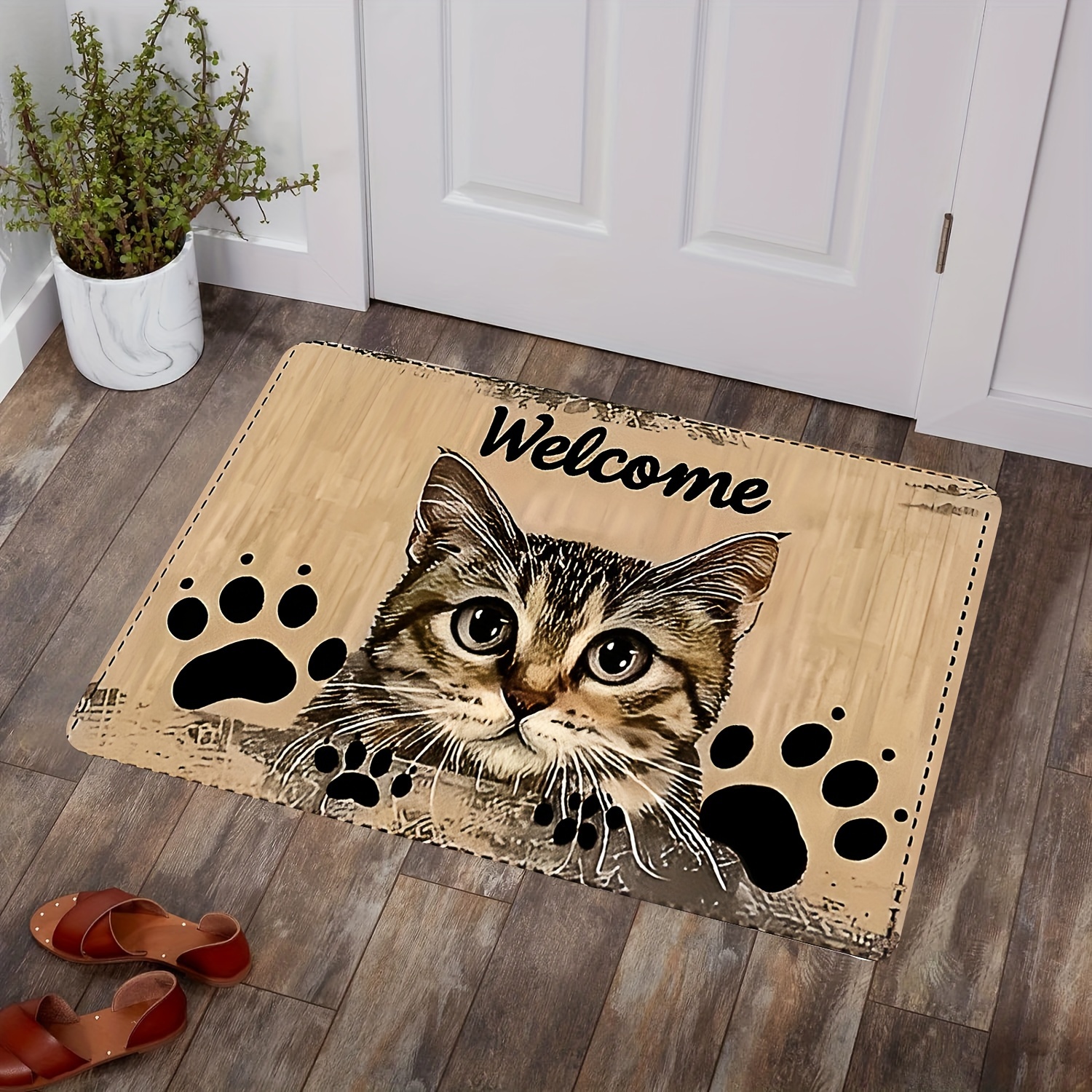 

Adorable Cat Welcome Door Mat - Stain-resistant, Non-slip, Machine Washable Polyester Rug For Living Room, Bedroom, Or Game Area