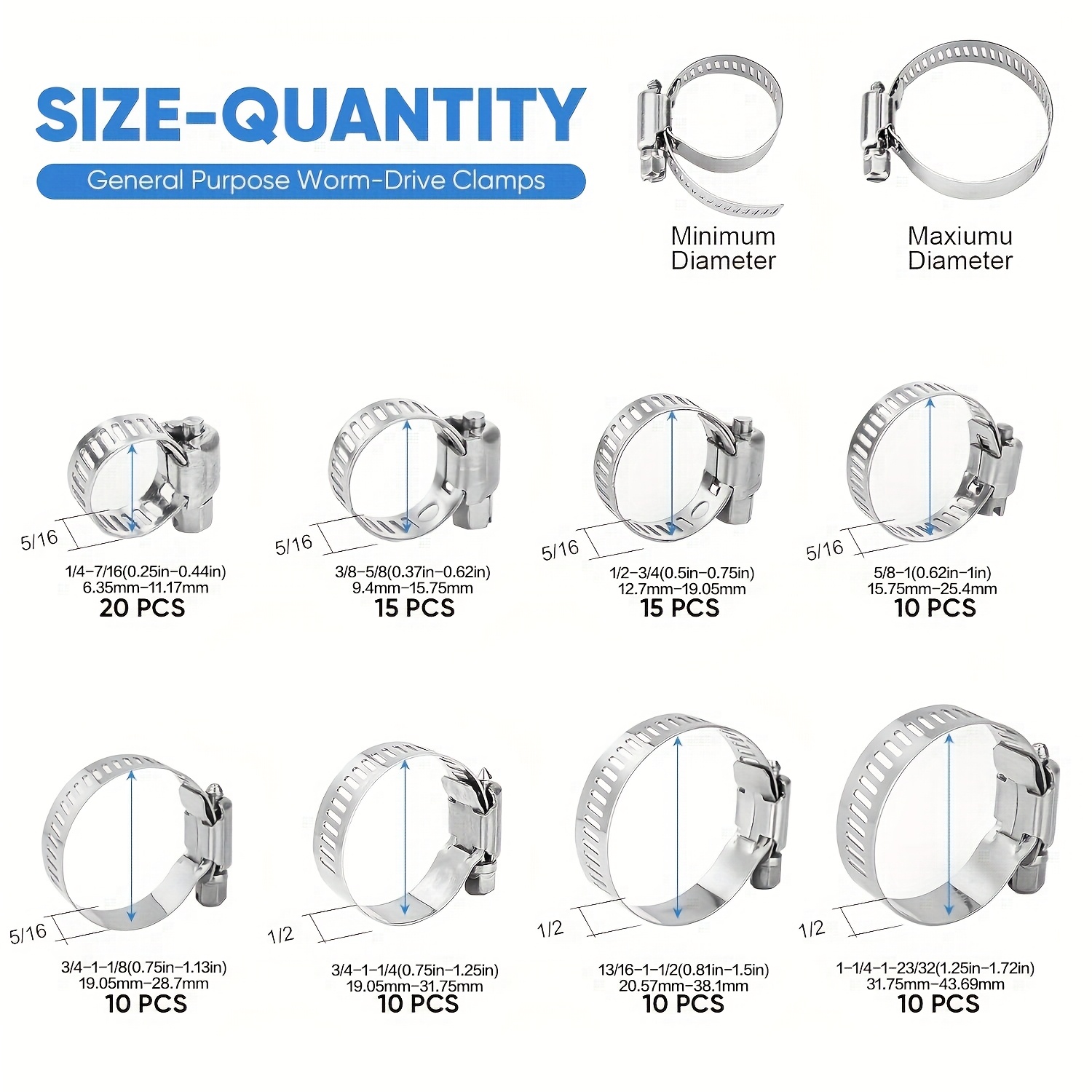 Image of 100pcs Hose Clamp Kit - 1/4"–1-23/32" 304 Stainless Steel Worm Gear Hose Clamp For Piping, Intercooler, Piping, Tubing And Fuel Lines