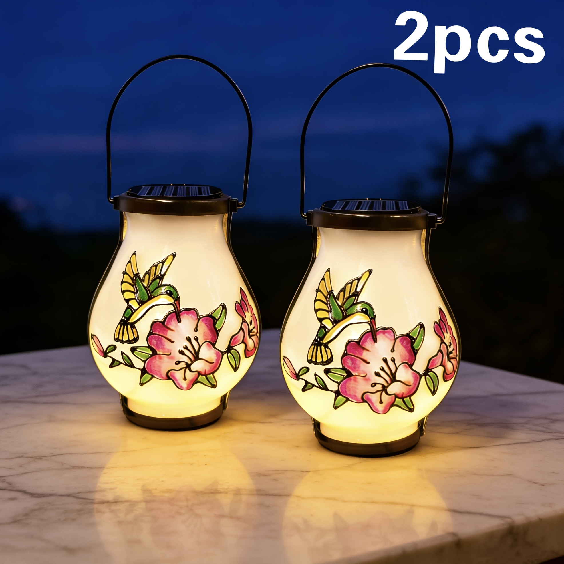 TEMU 2 Piece Upgraded Solar Garden Light Outdoor Pendant Light, Hand-painted Hummingbird Lantern, Light, Flashing Light, Suitable For Garden Lawn,