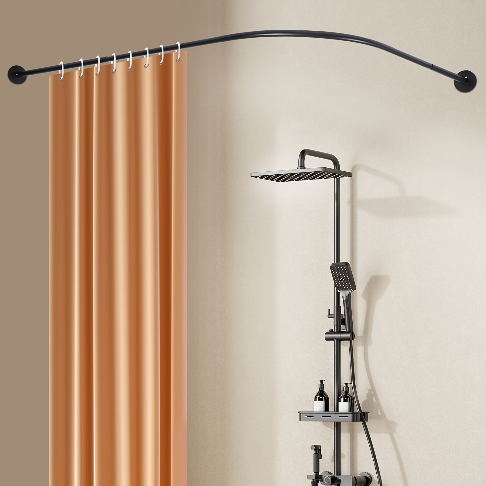 Image of Black Shower Curtain Rod Rack, L-shaped Corner Design, No Drill Installation For Bathtub, Adjustable Length From 27.5 To 37.4 Inches And 41.3 To 65 Inches