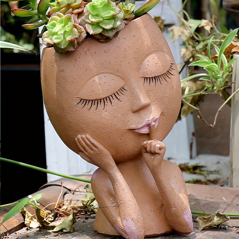 

1pc Flower Pot With Drainage Hole Succulents Plant Pot Resin Female Head Statue Vase For Indoor Outdoor