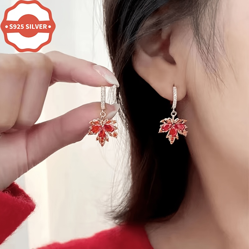 925 Silver Hypoallergenic Red Maple Leaf Dangle Earrings, Stylish Gift