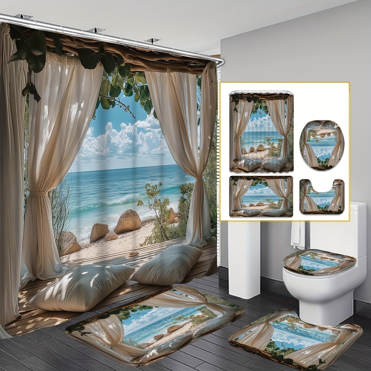 

1/4pcs Beach Landscape Shower Curtain Set With , Polyester Waterproof Bathroom Decoration, Summer Coastal Theme, Washable Fabric, Includes 12 Hooks, U-shaped Toilet Seat Ring And Carpet