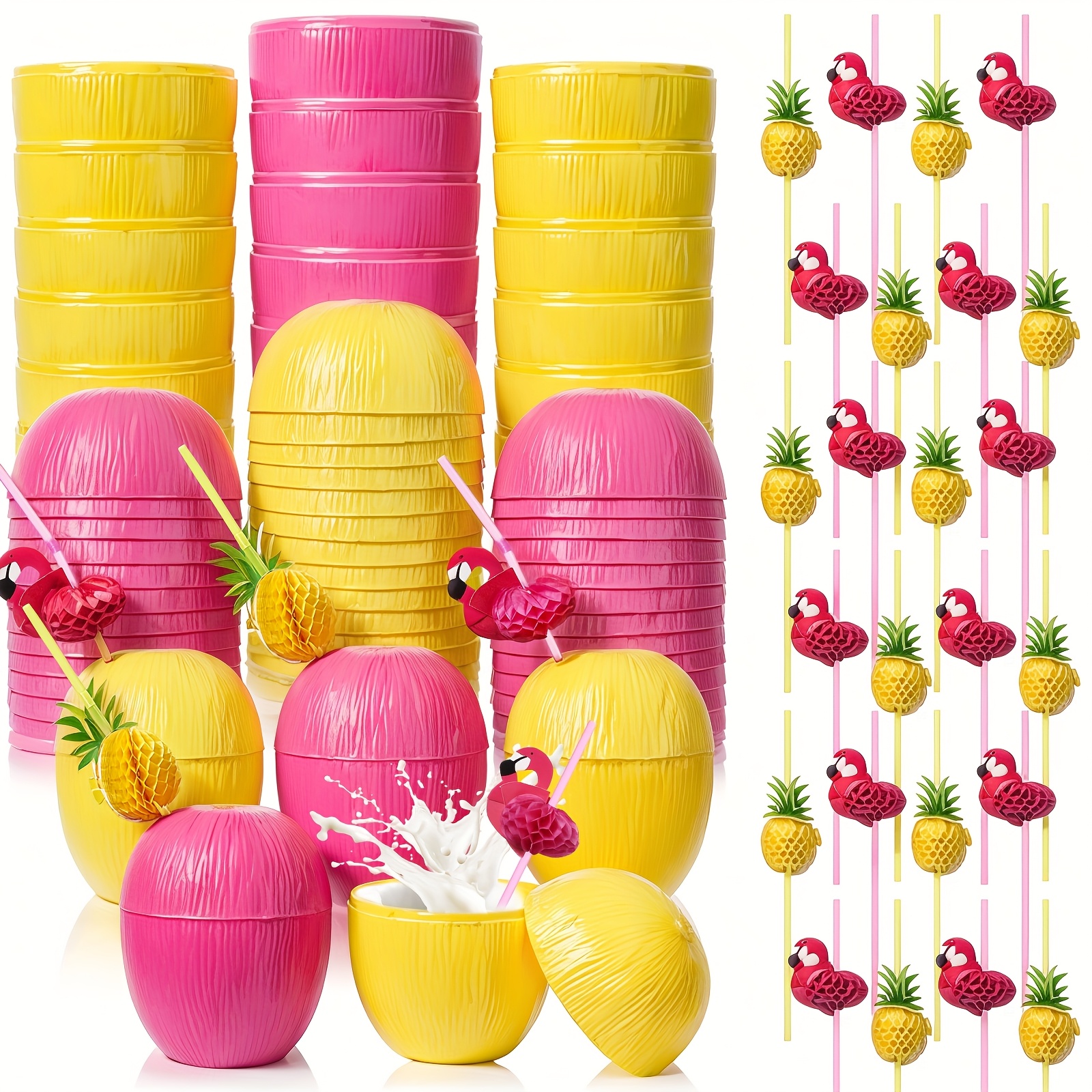 This Set of 48 Coconut Cups Features 24 in Pink And Yellow, Along with 12  Pineapple Straws And 12 Flamingo Straws * * * And Summer Beach Party  Decorations, Ideal As Party Favors for Adults