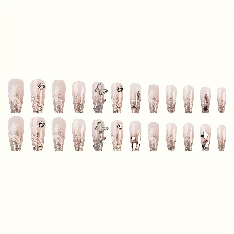 24pcs long ballet coffin press on nails set gradient silvery glitter with 3d butterfly design luxury   nails for women full coverage artificial nail tips 3