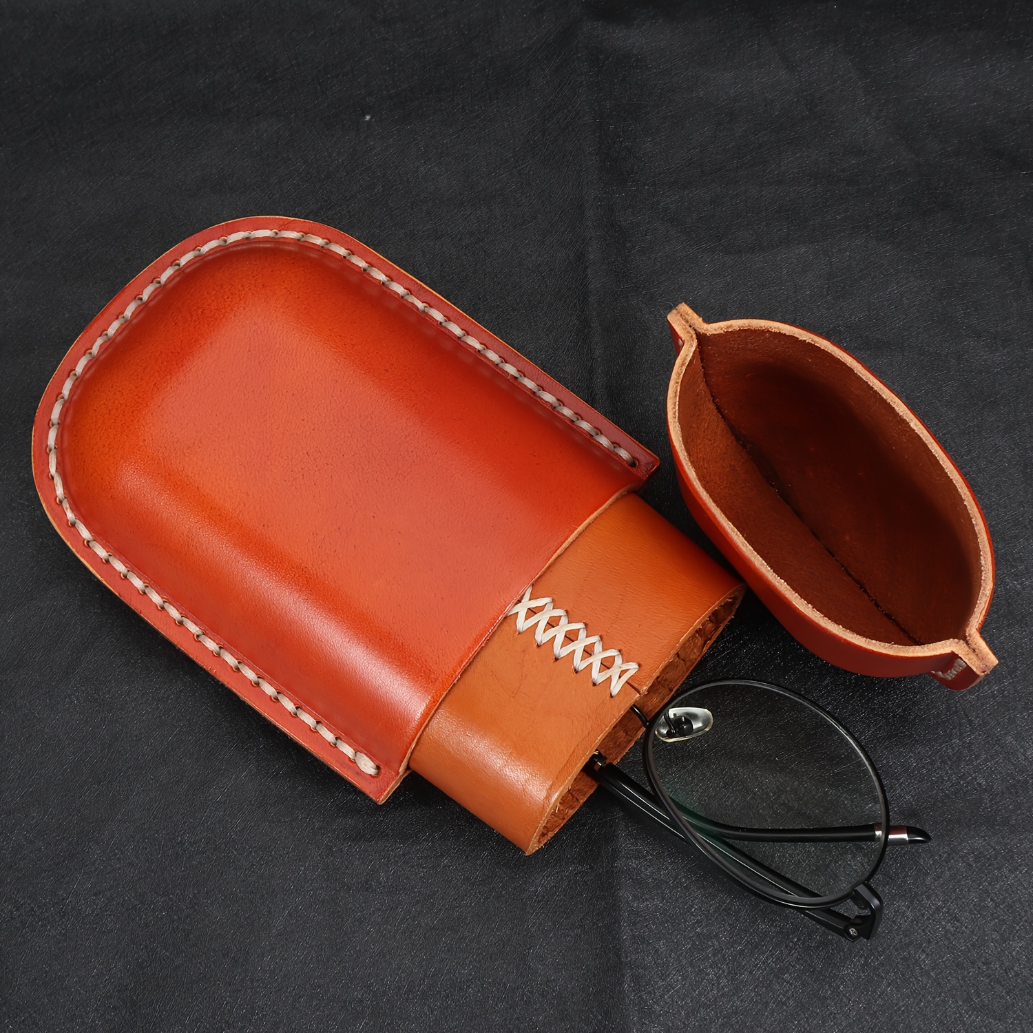 

Genuine Leather Eyeglass Case - Vintage Capsule Design, Semi-hard Portable Protective Glasses Storage, Anti-pressure Snap Closure