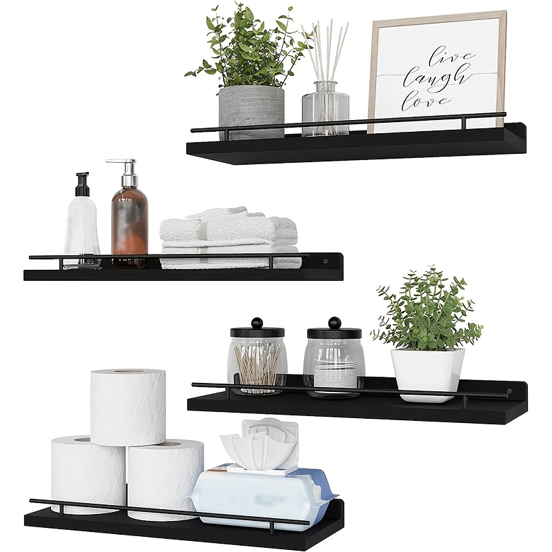Image of 4pcs Set Of Floating Shelf With Metal Wall Decoration Rack, Rustic Farmhouse Wall-mounted Storage Rack Suitable For Bedroom, Bathroom, Kitchen, Living Room, Plants, Photo Frames, Art