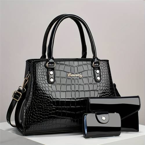 chic crocodile embossed tote bag for women stylish with adjustable strap zip closure in khaki coffee dark black