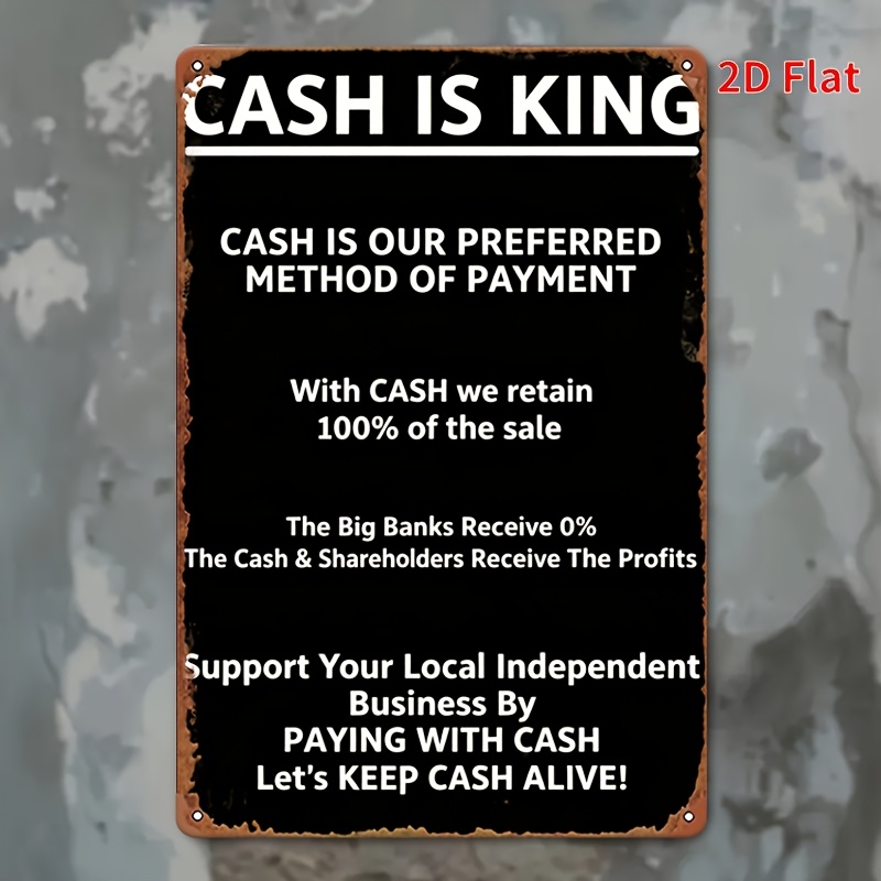 TEMU 1pc 2d Flat 8x12 Inch 2d Flat Vintage Metal Iron Sign, Cash Is King Distressed Black Business Wall Decor, Local Small Business Notice Retro Wall